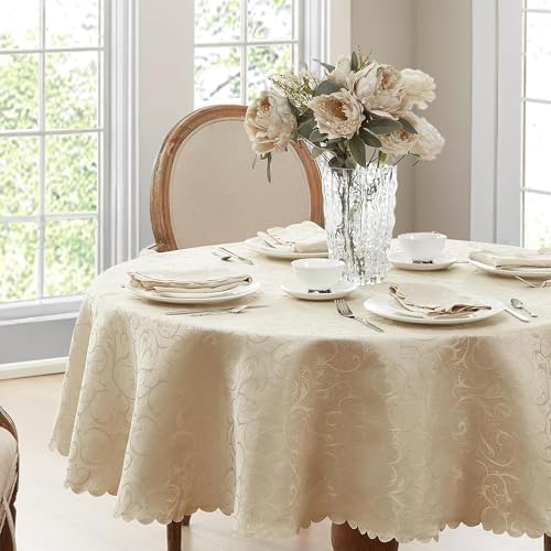Newbridge Portofino Scalloped Damask Fabric Tablecloth, 90 Inch Round, Linen, Wrinkle and Stain Resistant Fine Dining Holiday Party Table Cover - Image 4