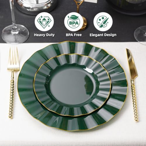 120PCS Dark Green Plastic Plates, Wavy Plates with Gold Rim - Image 2