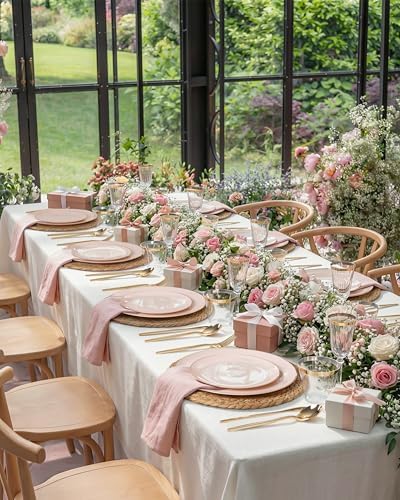 bUCLA 150PCS Pink Plastic Plates - Pink and Gold Disposable Include 25 Each (Dinner & Dessert) Plates, 25 Knives, 25 Forks, 25 Spoons and 25 Cups, Ideal for Party & Wedding - Image 2