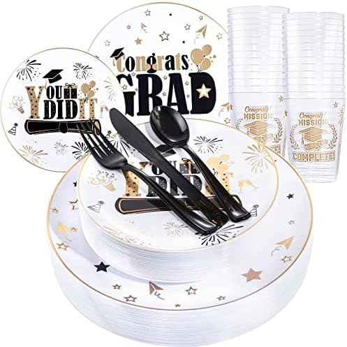 Liacere 150PCS Graduation Plastic Plates - Disposable Black and Gold, Graduation Party include 50Plates 25Knives 25Forks 25Spoons 25Cups by Liacere