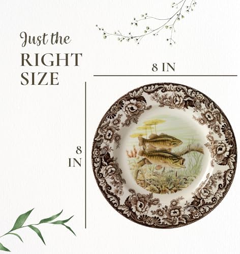 Spode Woodland Salmon Salad Plate with British Flowers Border - Brown/White - Image 7