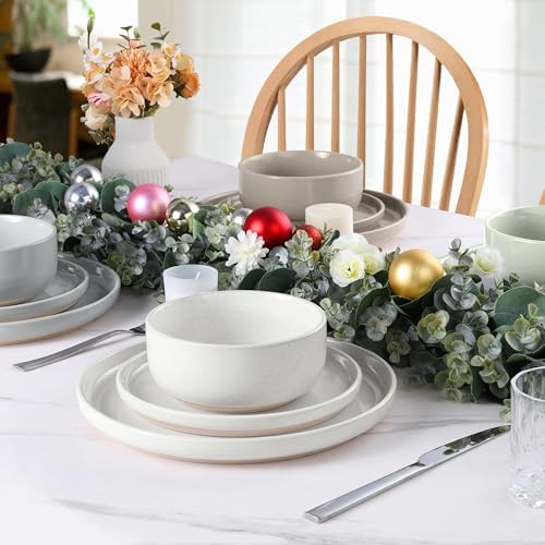 LIANYU 12 Piece Ceramic Dinnerware Set, Stoneware Dinner Dish Set for 4, Kitchen Modern Dishware Plates and Bowls, Scratch Resistant, Assorted Colors - Image 4