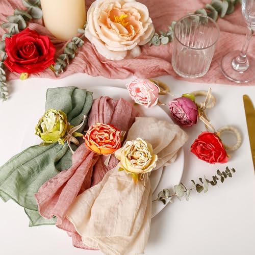 Handcraft Purple Flower Napkin Rings Set of 8, Peony Napkin Holder Floral Rings With Jute Bow Buckles for Summer, Wedding, Banquet, Birthday, Christmas, Valentine's, Thanksgiving Table Decoration - Image 7