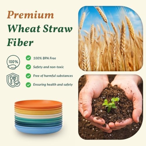 Homienly Wheat Straw Deep Plates Set of 12 Large Salad Plates 10 Inch Lightweight & Unbreakable Plastic Plates Microwave & Dishwasher Safe Plates for Bread & Butter, Party, Camping (Multi) - Image 3