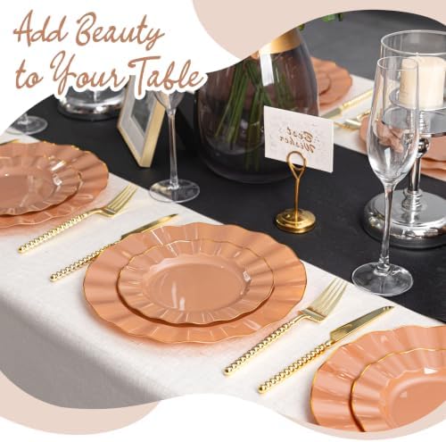 72PCS Mocha Mousse Plastic Plates, Wavy Plates with Gold Rim - Image 5
