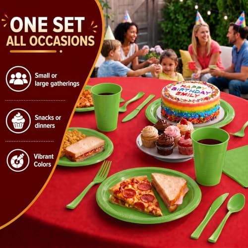 350 Pcs Lime Green Plastic Plates for Party Lime Green Disposable Plates Set 50 of Each 9 Dinner Plate Set 7 Dessert Plate Cups Napkins & Cutlery Plastic Dinnerware Set Exquisite - Image 6