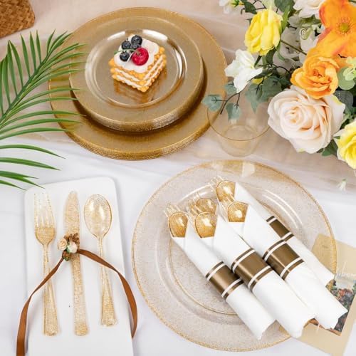 WELLIFE 210Pcs Gold Glitter Dinnerware Set, Gold Glitter Disposable Dinnerware for 30 Guests, Include: 30Dinner Plates, 30Dessert Plates, 90Gold Glitter Silverware, 30 Cups, 30 Paper Napkins - Image 3