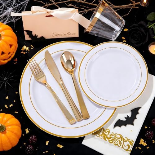 WELLIFE 700 Pieces Gold Plastic Dinnerware Set for 100 Guests - Includes Plates, Cups, Napkins, and Disposable Cutlery - Elegant White & Gold Design, Perfect for Parties and Events - Image 5