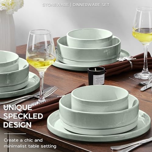 Onader Stoneware Dinnerware Sets for 6 with Double Bowl, 24 Piece Plates and Bowls Dish Dinner Set, Speckled Kitchen Dishware Tableware – Pale Sage Green - Image 5