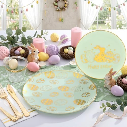 Festiva 175Pcs Easter Plates and Napkins Disposable - Green and Gold Plastic Dinnerware Set for 50 guests include 50 Plates 25Cups 25Plastic Silverware 25Napkins Perfect for Easter Party - Image 4
