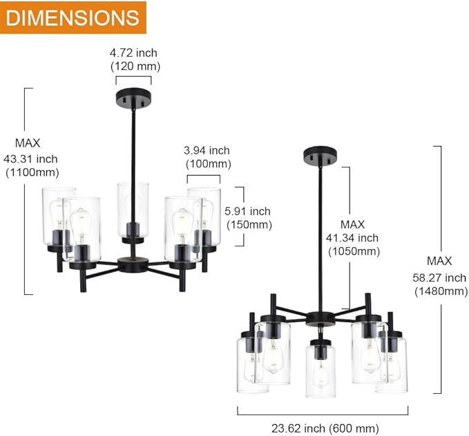 VINLUZ 5 Light Contemporary Chandeliers Black Modern Lighting Fixtures Hanging,Industrial Vintage Pendant Lights with Clear Glass Shade Flush Mount Ceiling Light for Dining Room Bedroom