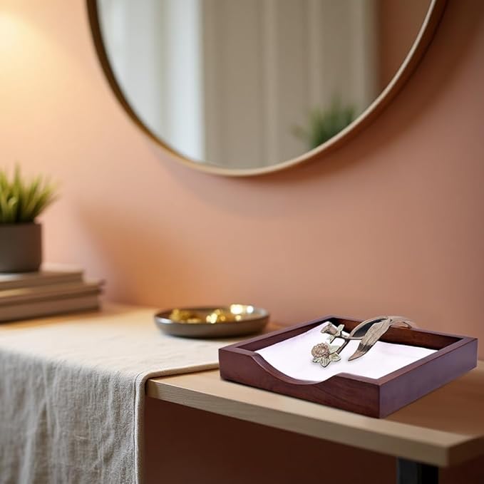 Napkin Holder - Solid Wood Brown Finish Home Decor & Kitchen Decor Table Countertop Serviette & Tissue Holder with Metal Ornament Arm in Rose Gold Finish - Indoor and Outdoor Use - Floral Design