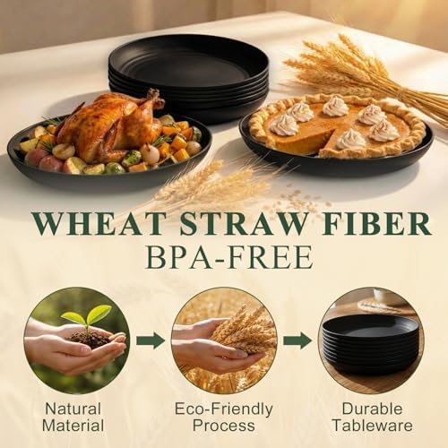 Dinner Plates Set 11 Inch, Unbreakable Wheat Straw Plates 8 PCS, Alternatives to Plastic Plates Rusable, Microwave Safe Camping Plates for Breakfast, Lunch, Dinner - Black - Image 3