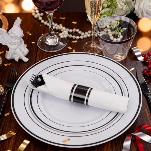 WELLIFE 210Pcs Black Plastic Dinnerware with Pre Rolled Napkins, Include:30 Dinner Plates, 30 Dessert Plates, 30 Paper Napkins, 30 Cups, 90 Plastic Cutlery - Image 6