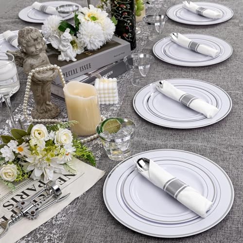 WELLIFE 350-Piece Silver Plastic Dinnerware Set - Disposable 10.25" Dinner Plates, 7.5" Dessert Plates, 9oz Silver Rim Cups & Cutlery for Weddings - 50 Guest Service - Elegant Disposable Silverware - Image 6