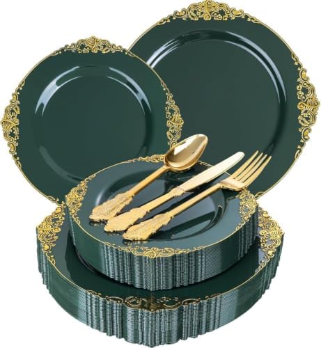125PCS Green and Gold Plastic Plates for Wedding and Party by Joyido