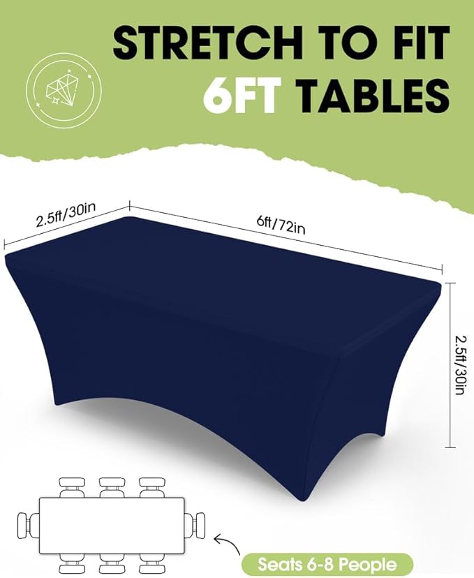 Pureegg Spandex Tablecloth 6ft - 2 Pack, Fitted and Tight Cloth for Rectangle Table, Wrinkle-Free and Stretch Table Cover for Party, Wedding, Banquet and Birthday, Navy Blue