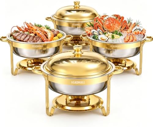 HEADMALL Chafing Dishes for Buffet 4 Pack, 6QT Round Gold Chafing Dish Buffet Set with High Dome Lid, Stainless Steel Food Warmers for Parties, Catering Supplies and Buffet Servers, Safe Rolled Edge by HEADMALL