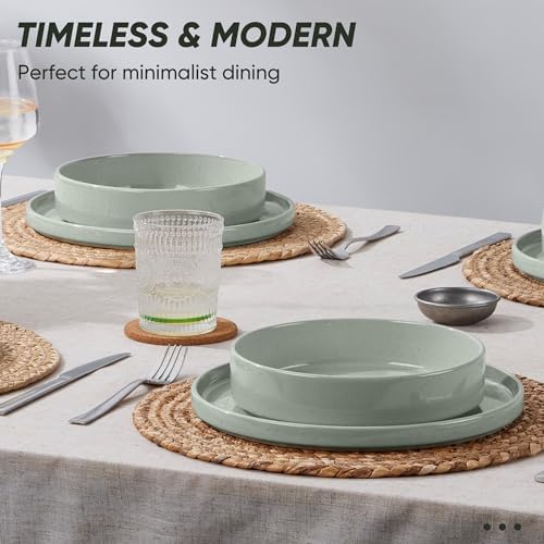 E-far 8-Piece Stoneware Dinnerware Sets with Pasta Bowls, Green - Image 3