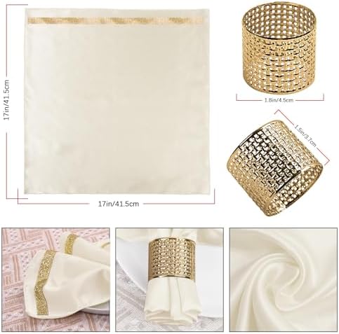 VIJIV 12 Pack Cloth Napkins and Gold Napkin Rings Set of 6, 17x17 Bling Trim Satin Cocktail Napkins Cloth Washable Personalized Dinner Napkins for Wedding Party Holiday Decorative - Image 4
