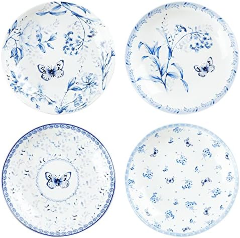 fanquare 8 Inch Pasta Bowls Set of 4, Porcelain Salad Plates for Desserts, Bread, Soup, Blue Floral Shallow Serving Plates by fanquare