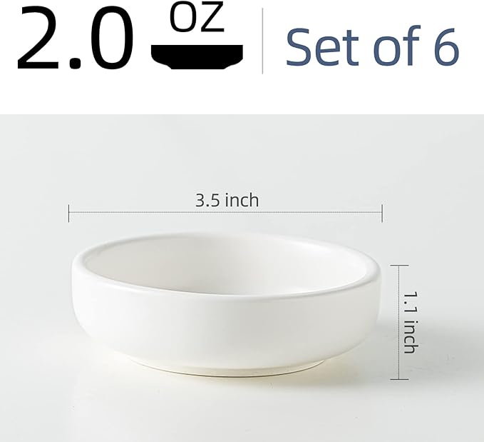 Dipping Bowls Set, Ceramic Sauce Dishes, 2 oz Soy Sauce Dish, Side Bowls, Small Bowls for BBQ, Condiments, Appetizer, Dessert, Sushi, Set of 6 (White)