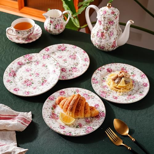 Agyiuns Porcelain Floral Plates, 8in Set of 4 Round Small Appetizer Dessert Plates for dessert，bread (White with flowers) - Image 7