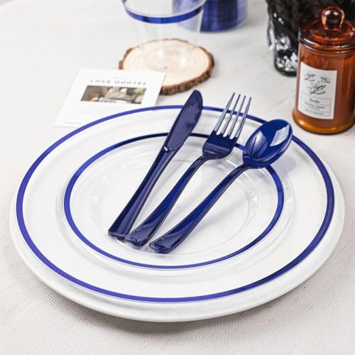 N9R 600PCS Clear Blue Plastic Plates, Disposable Dinnerware Set for Party - Image 3