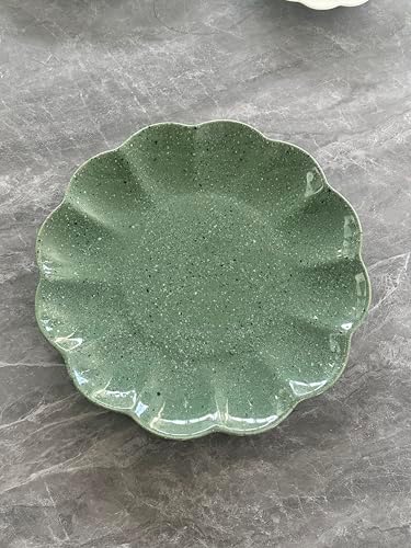 White Ceramic Salad Plates Set of 4, 8 Inch Flower Shaped Appetizer Plates, Embossed Small Plates for Salad,Cake,Snacks,Fruit,Tea Party, Microwave Oven Dishwasher Safe (GREEN, 10 IN) by SHIDACHENG