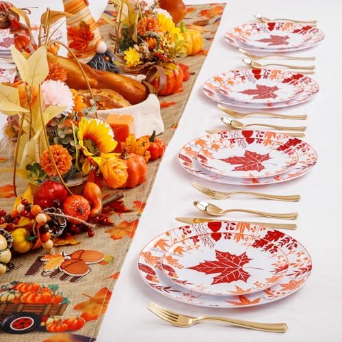 Liacere 150PCS Thanksgiving Plastic Plates- Include 30 Dinner Plates, 30 Dessert Plate,30 Forks, 30 Gold Spoons, 30 Gold Knives Perfect for Thanksgiving＆ Fall Plates - Image 6