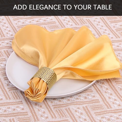 VIJIV 12 Pack Cloth Napkins and Gold Napkin Rings Set of 6, 17x17 Bling Trim Satin Cocktail Napkins Cloth Washable Personalized Dinner Napkins for Wedding Party Holiday Decorative - Image 3