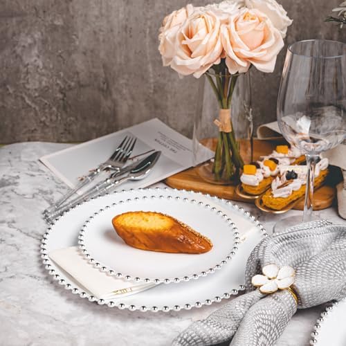 HOMIP 50PCS Disposable White Plastic Plates with Silver Pearl-Beaded Rim - Image 5