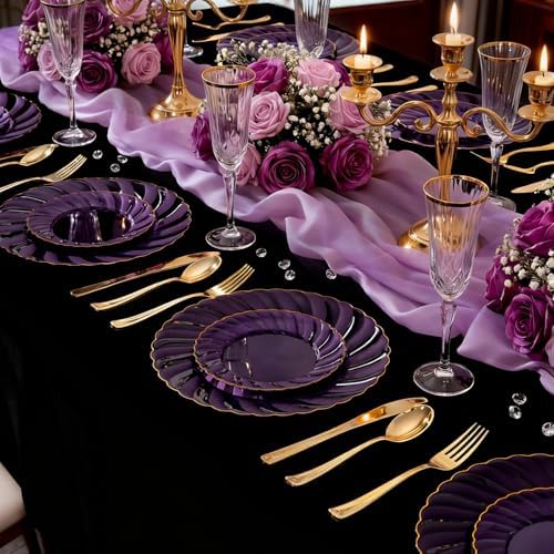 YOUBET 125PCS Clear Purple Plastic Plates with Gold Rim for Wedding - Image 6