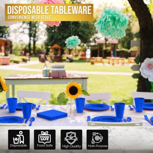 350 Pcs Dark Blue Plastic Plates for Party Dark Blue Disposable Plates Set 50 of Each 9 Dinner Plate Set 7 Dessert Plate Cups Napkins & Cutlery Plastic Dinnerware Set Exquisite - Image 5