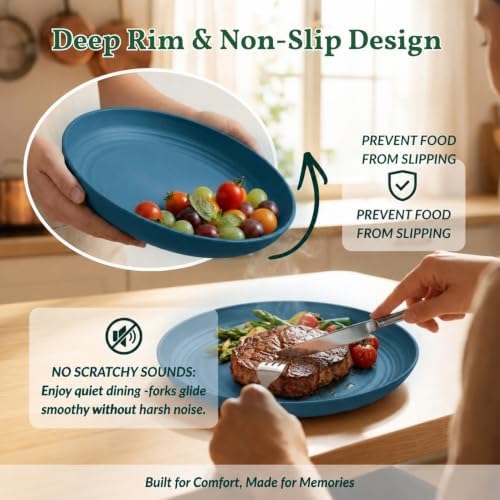 Homienly Unbreakable Salad Plates Wheat Straw Plates Set of 6 Lightweight Dinner Plates for Picnic,RV,Kitchen Large Deep Plates Set for Bread and Butter,Breakfast Microwave & Dishwasher Safe (Blue) - Image 4