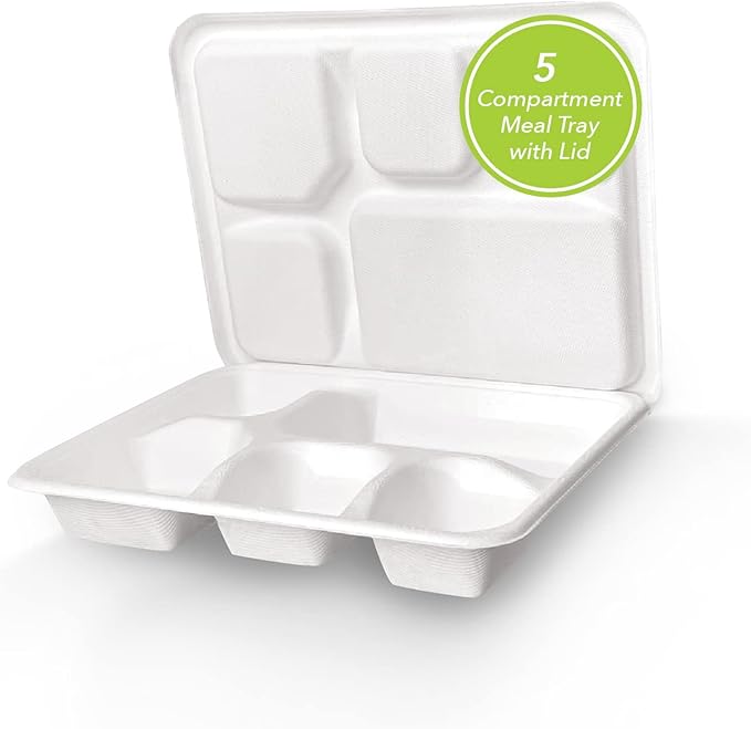 three leaf 5 COMPARTMENT MEAL TRAY WITH LID SET, 50 SETS. Heavy-Duty- Super Strong- Natural- Eco-Friendly Disposable Bagasse Tray with Lid, 100% Biodegradable Plates