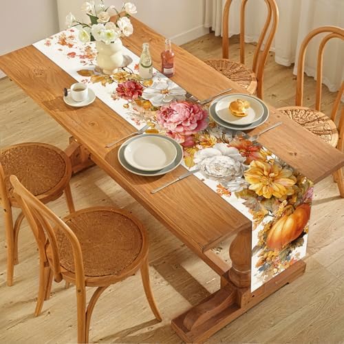 ANNA QUEEN Vintage Fall Floral Table Runner and Placemats Set of 6, 13"x72" Runner with 12"x18" Placemats, Rustic Peony and Garden Flowers Thanksgiving Dining Decor - Image 5
