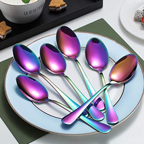 Rainbow Dinner Spoons, Kyraton 6 Pieces 7.5" Stainless Steel Table Spoon With Titanium Colorful Plating, Rainbow Soup Spoons, Dessert Spoons Sliverware Dishwasher Safe Set of 6 - Image 3