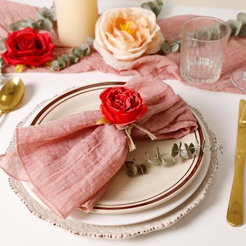 Red Flower Napkin Rings Set of 8, Handmade Peony Napkin Holder Floral Rings with Jute Bow Buckles for Summer, Wedding, Banquet, Birthday, Christmas, Valentine's, Thanksgiving Table Decoration - Image 2