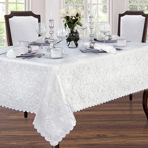 Newbridge Portofino Scalloped Damask Fabric Tablecloth, 60 x 120 Inch Rectangle, White, Wrinkle and Stain Resistant Fine Dining Holiday Party Table Cover - Image 5
