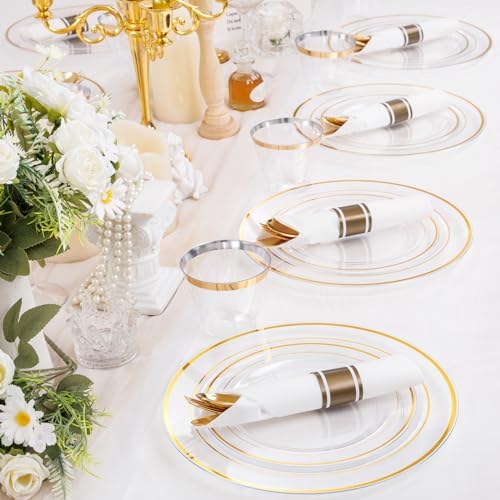 WELLIFE 350PCS Clear-Gold Plastic Plates - 100 Disposable Plates, 150Plastic Silverware, 50 Cups, 50 Napkins for Wedding & Party - Image 5