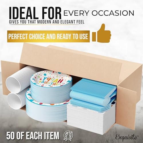 Exquisite 350 Pcs Blue Happy Birthday Plates and Napkins Set, Blue Birthday Plates Set, 50 Of Each 9" Dinner Plate, 7" Dessert Plate, 12 oz Cups, Napkins & Cutlery Plastic Dinnerware Set - Image 3