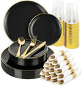 Black Gold Dinnerware Set Disposable Plates for 175PCS 25 Guests by cheerserve