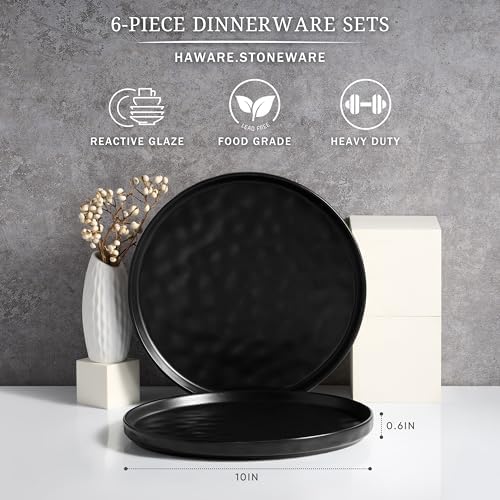 HaWare Stoneware Dinner Plates Set of 6, 10" Heavy Duty Ceramic Plate, Reactive Glaze Ripple Dinnerware for Home Restaurant, Chip and Scratch Resistant, Microwave and Dishwasher Safe, Matte Black - Image 2