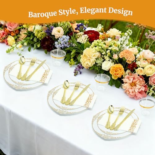 AIRE White Gold Plastic Plates Set, 175PCS Disposable Dinnerware for 25 - Image 3