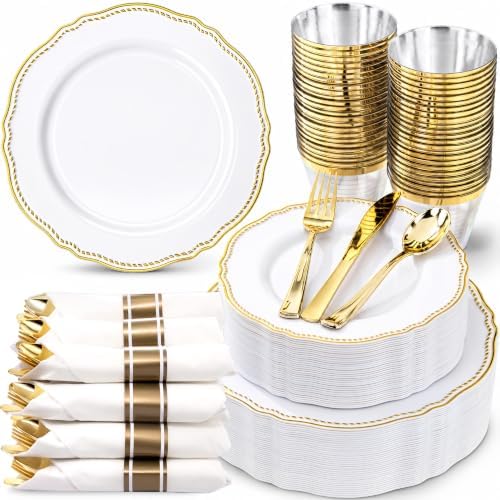 Hioasis 350 Pcs White and Gold Plastic Plates for Wedding & Party by Hioasis