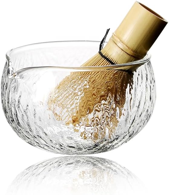 Handmade Japanese Style Matcha Green Tea Ceremony Bowl, Textured Glass, 13.5 oz, With Pouring Spout (Glass+Bamboo)