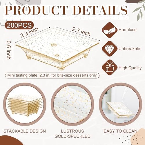 200 Pcs Small Square Gold Glitter Dessert Plates 2.3 Inch Mini Plastic Appetizer Plates Square Party Salad Tasting Sample Bowls for Weddings, Parties, Banquet Dinner, Family Gatherings - Image 2