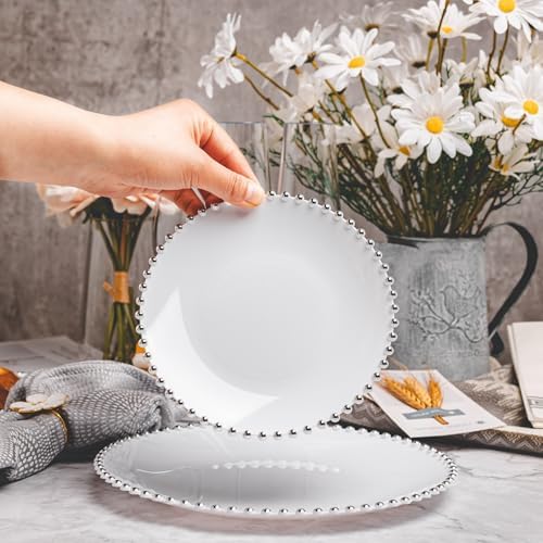 HOMIP 50PCS Disposable White Plastic Plates with Silver Pearl-Beaded Rim - Image 6