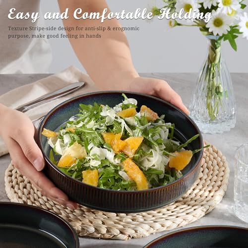 E-far Pasta Bowls Set of 6, 35oz Large Salad Bowl Plate for Dinner Serving, Wide & Shallow Ceramic Stoneware Pasta Plates, Microwave & Dishwasher Safe, Reactive Glaze Textured Stripes, Blackish Green - Image 4